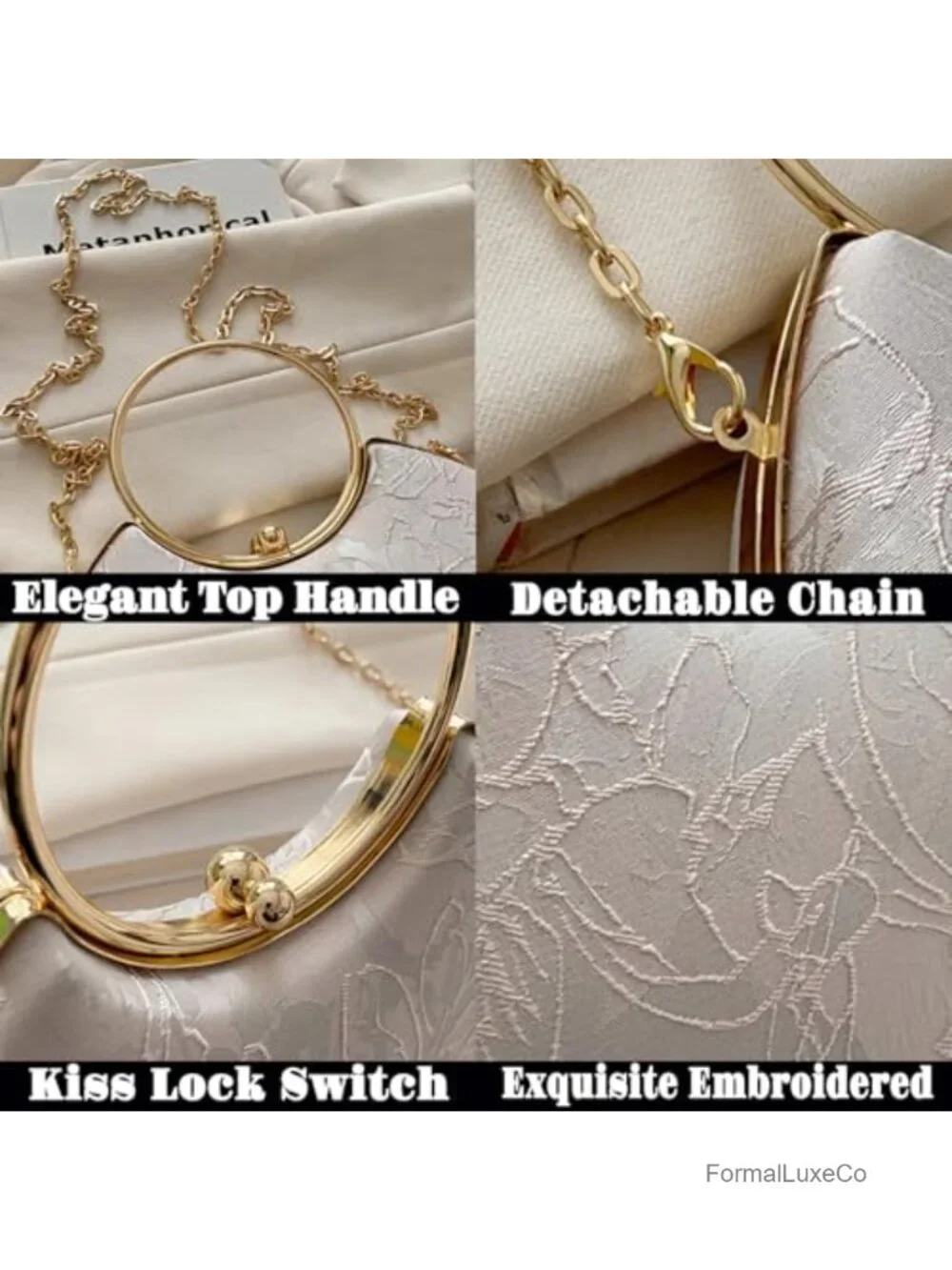 Embroidered Clutch Purse Women Top Handle Evening Bag Nylon with Chain